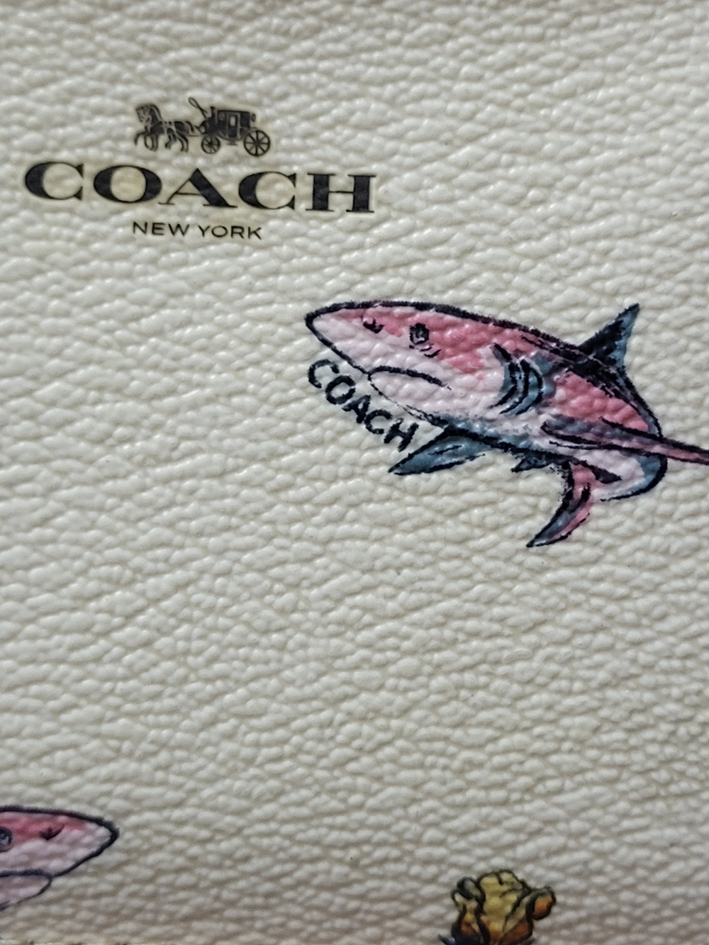 Coach White Leather Key & Card Holder with Pink Shark Print - Picture 5 of 6